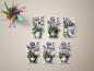 Preview: Sticker-Set mit fünf verschiedenen Blumenarrangements in Töpfen, dominiert von violetten und weißen Blüten. Elegant illustriert und perfekt für Dekorationsprojekte. Teil der floralen Stickerkollektion von DreamArt VM.
